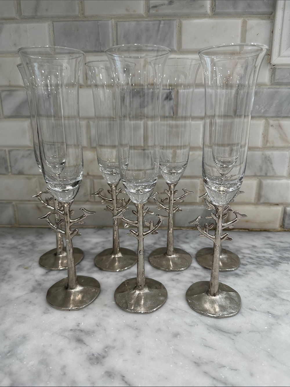 Set of 7 Clear Fluted Champagne Flutes with Silver Tree-Branch Stems